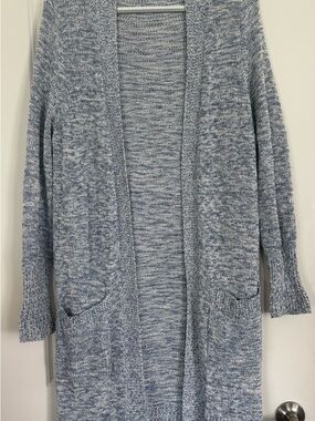 Chaps Cozy Open-Front Long Cardigan Sweater in Heathered Light Blue